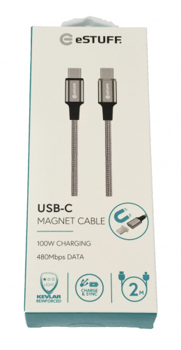 eSTUFF Magnetic USB-C to C USB 2.0 100W Charging Cable 2m Grey Nylon Kabel z końcówką magnetyczną