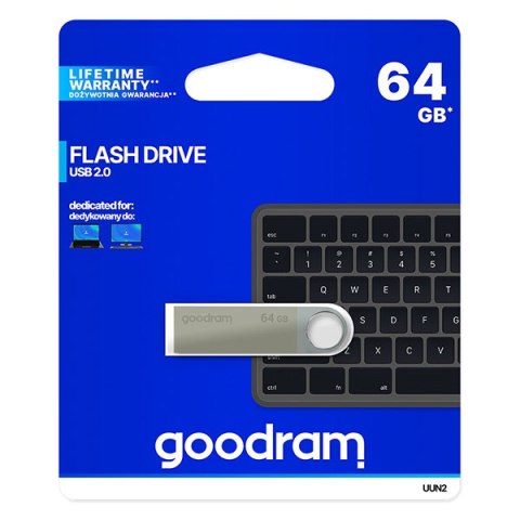 Goodram USB pendrive USB 2.0, 64GB, UUN2, srebrny, UUN2-0640S0R11, USB A, z oczkiem na brelok