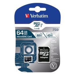 Verbatim Karta pamięci Micro Secure Digital Card Pro U3, 64GB, micro SDXC, 47042, UHS-I U1 (Class 10), z adapterm