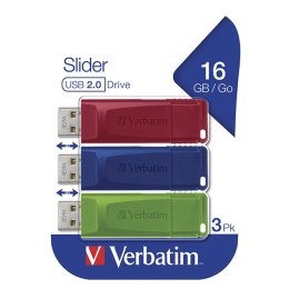 Verbatim USB pendrive USB 2.0, 16GB, Slider, zielony, niebieski, czerwony, 49326, USB A, z wysuwanym złączem. 3 szt