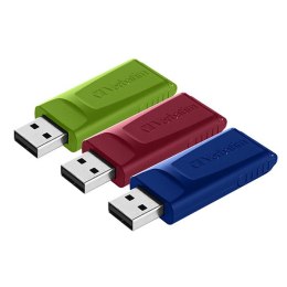 Verbatim USB pendrive USB 2.0, 16GB, Slider, zielony, niebieski, czerwony, 49326, USB A, z wysuwanym złączem. 3 szt