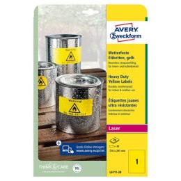 Avery Zweckform etykiety 210mm x 297mm, A4, żółte, 1 etykieta, bardzo trwałe, pakowany po 20 szt., L6111-20, do drukarek laserow