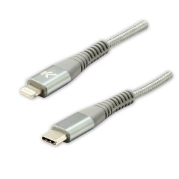 Logo USB kabel (2.0), Apple Lightning M, 1m, MFi certifikat, 5V/3A, srebrny, box, oplot nylonowy, aluminiowa osłona złącza