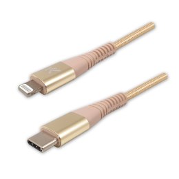 Logo USB kabel (2.0), Apple Lightning M, 1m, MFi certifikat, 5V/3A, złoty, box, oplot nylonowy, aluminiowa osłona złącza