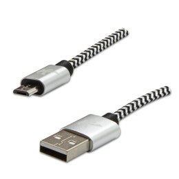 Logo USB kabel (2.0), USB A M - 2m, 480 Mb/s, 5V/1A, srebrny, box, oplot nylonowy, aluminiowa osłona złącza