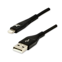 Logo USB kabel (2.0), USB A M - Apple Lightning M, 1m, MFi certifikat, 5V/2,4A, czarny, box, oplot nylonowy, aluminiowa osłona z