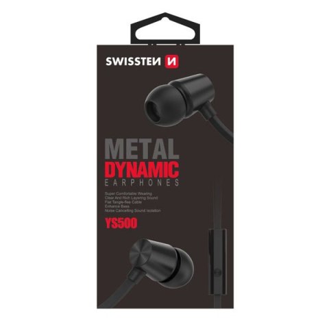 SWISSTEN YS500, słuchawki z mikrofonem, bez regulacji głośności na przewodzie, czarna, douszne typ 3.5 mm jack