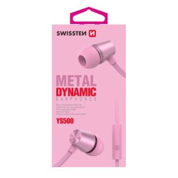 SWISSTEN YS500, słuchawki z mikrofonem, bez regulacji głośności na przewodzie, różowa, douszne typ 3.5 mm jack