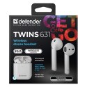 Defender Twins 631, słuchawki z mikrofonem, bez regulacji głośności na przewodzie, biała, douszne, BT 5.0, TWS, etui z ładowarką