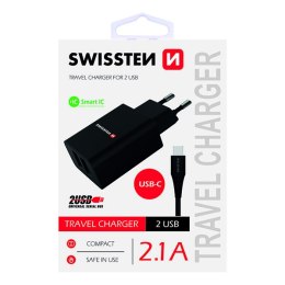 SWISSTEN Zasilacz / sieciowy adapter 10W, 2-portowy, USB-A, kabel USB-C, Smart IC
