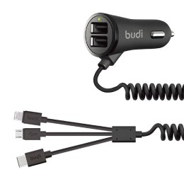 Ładowarka samochodowa LED Budi 2x USB, 3.4A + kabel 3w1 USB do USB-C / Lightning / Micro USB (czarna)