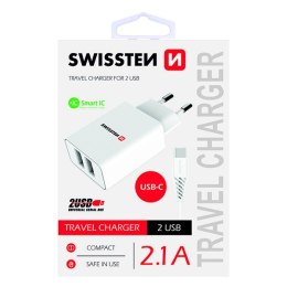 SWISSTEN Zasilacz / sieciowy adapter 10W, 2-portowy, USB-A, kabel USB-C, Smart IC