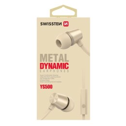 SWISSTEN YS500, słuchawki z mikrofonem, bez regulacji głośności na przewodzie, złota, 2.0, douszne typ 3.5 mm jack