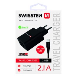 SWISSTEN Zasilacz / sieciowy adapter 10W, 2-portowy, USB-A, kabel microUSB, Smart IC