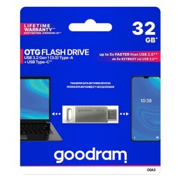 Goodram USB pendrive  USB 3.0, 32GB, ODA3, srebrny, ODA3-0320S0R11, USB A / USB C, z obrotową osłoną