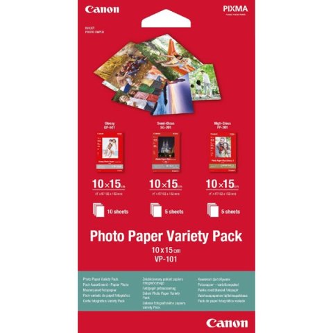 Canon Photo Paper Variety Pack VP-101, foto papier, 5x PP201, 5x SG201, 10x GP501 typ połysk, biały, 10x15cm, 4x6", 20 szt., 077