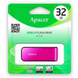 Apacer USB pendrive USB 2.0, 32GB, AH334, różowy, AP32GAH334P-1, USB A, z wysuwanym złączem