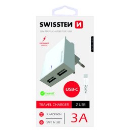 SWISSTEN Zasilacz / sieciowy adapter 15W, 2-portowy, USB-A, kabel USB-C, podstawka / stojak na telefon