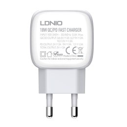 Ładowarka sieciowa LDNIO A2313C, USB + USB-C, PD + QC 3.0, 20W (biała)