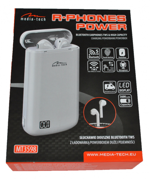 R-PHONES POWER - Douszne słuchawki Bluetooth 5.0 TWS z powerbankiem dużej pojemności