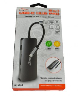 8 in 1 USB-C HUB PRO - Wielofunkcyjny koncentrator USB-C, porty: 3xUSB-A 3.0, 1xUSB-C PD, RJ45 LAN, HDMI 4K, czytnik kart SD i m