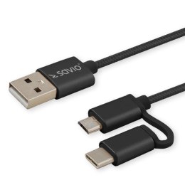 Kabel oplot Micro USB typ B +typ C do USB A 2.0 1m