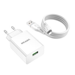 Ładowarka sieciowa Vipfan E03, 1x USB, 18W, QC 3.0 + kabel Lightning (biała)
